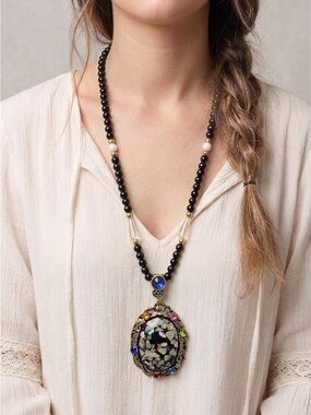 Vintage Mosaic Pendant Necklace | Black Bead Boho Statement